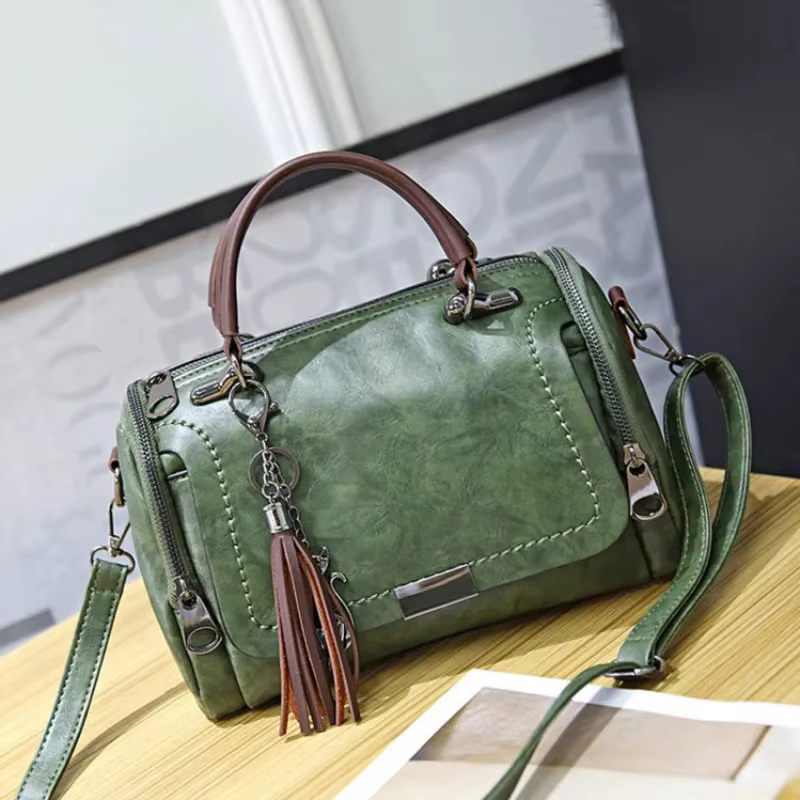 Tassel Decor Women's Large Capacity Shoulder Bag Fashion Zipper Crossbody Bag With Removable Strap Boston Handbag