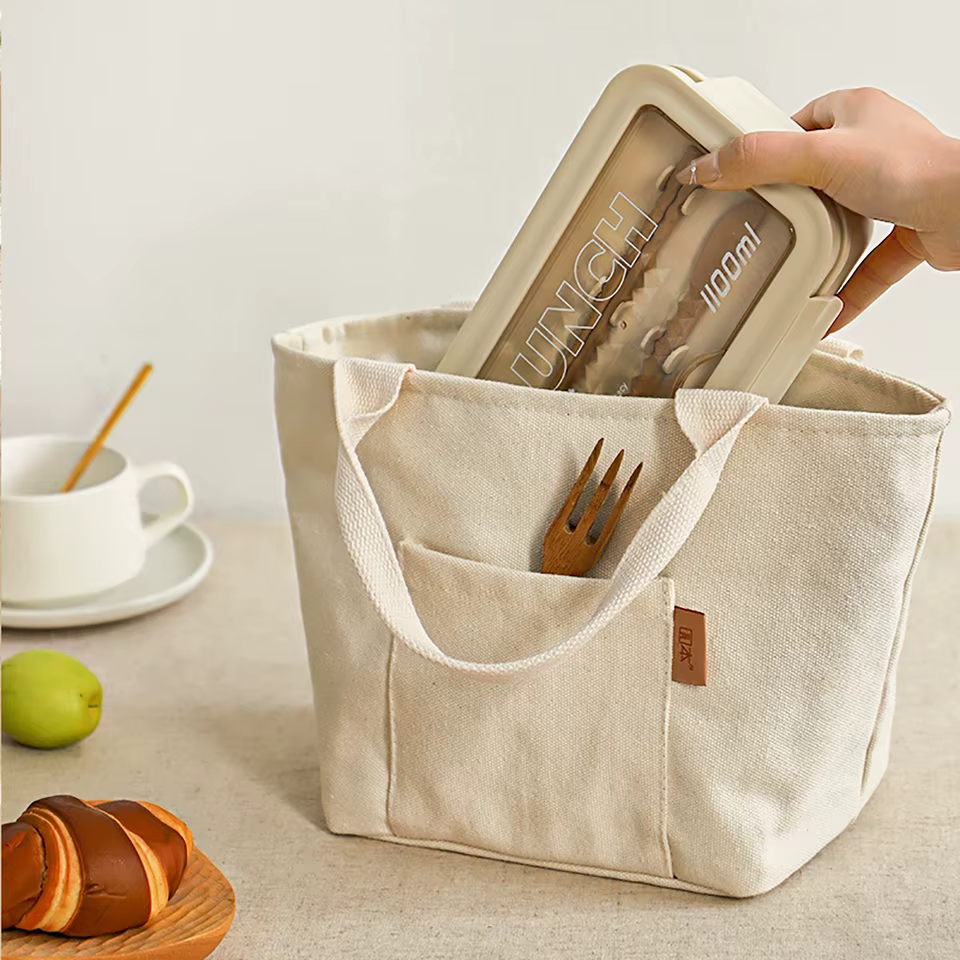 Versatile Canvas Insulated Lunch Bag with Zipper - Portable Storage Tote for Travel & Picnics, Easy-Clean Square Organizer