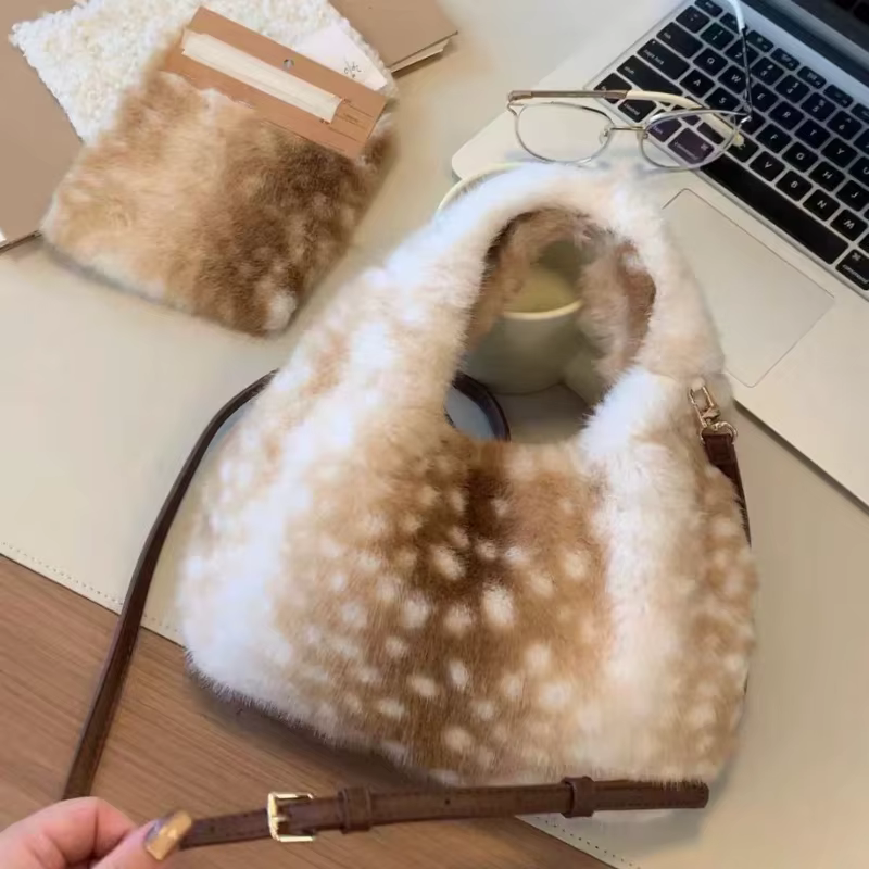 Lolita Plush Handbag Cute Lace & Bow Decor Faux Fur Shoulder Bag Vintage Brown Top-handle Bag Spotted Deer Pattern Underarm Bag