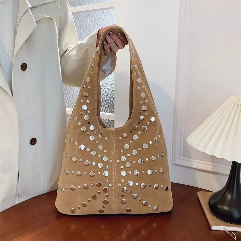 Suede Polka Dot Rivet Underarm Shoulder Bag,Metal Studded Women Handbag,Vintage Motorcycle Punk Style Tote Bag,Autumn/Winter