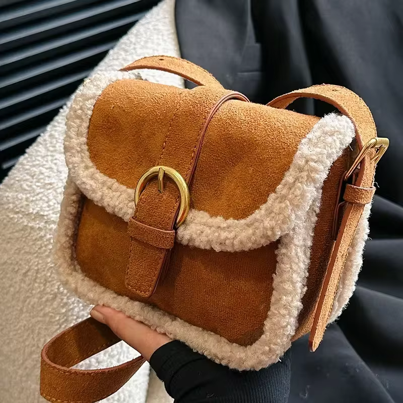 Autumn Winter Plush Bag Women's Korean Retro Small Square Handbags New Suede Lamb Wool Patchwork Shoulder Crossbody Bags
