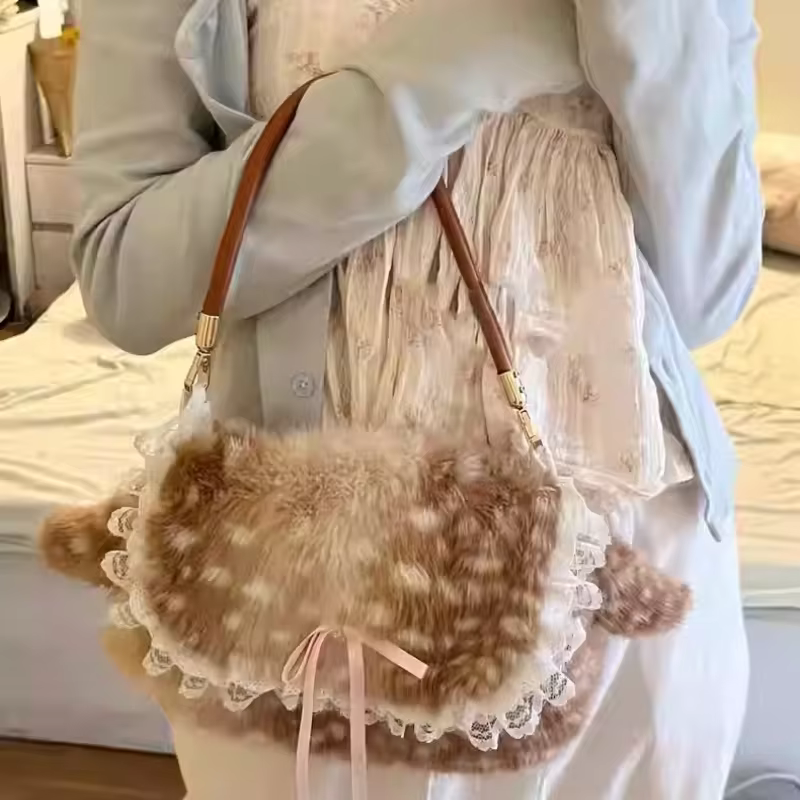 Lolita Plush Handbag Cute Lace & Bow Decor Faux Fur Shoulder Bag Vintage Brown Top-handle Bag Spotted Deer Pattern Underarm Bag