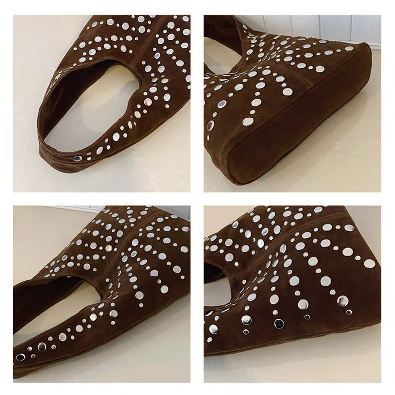 Suede Polka Dot Rivet Underarm Shoulder Bag,Metal Studded Women Handbag,Vintage Motorcycle Punk Style Tote Bag,Autumn/Winter