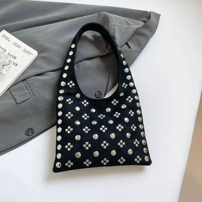 Suede Polka Dot Rivet Underarm Shoulder Bag,Metal Studded Women Handbag,Vintage Motorcycle Punk Style Tote Bag,Autumn/Winter