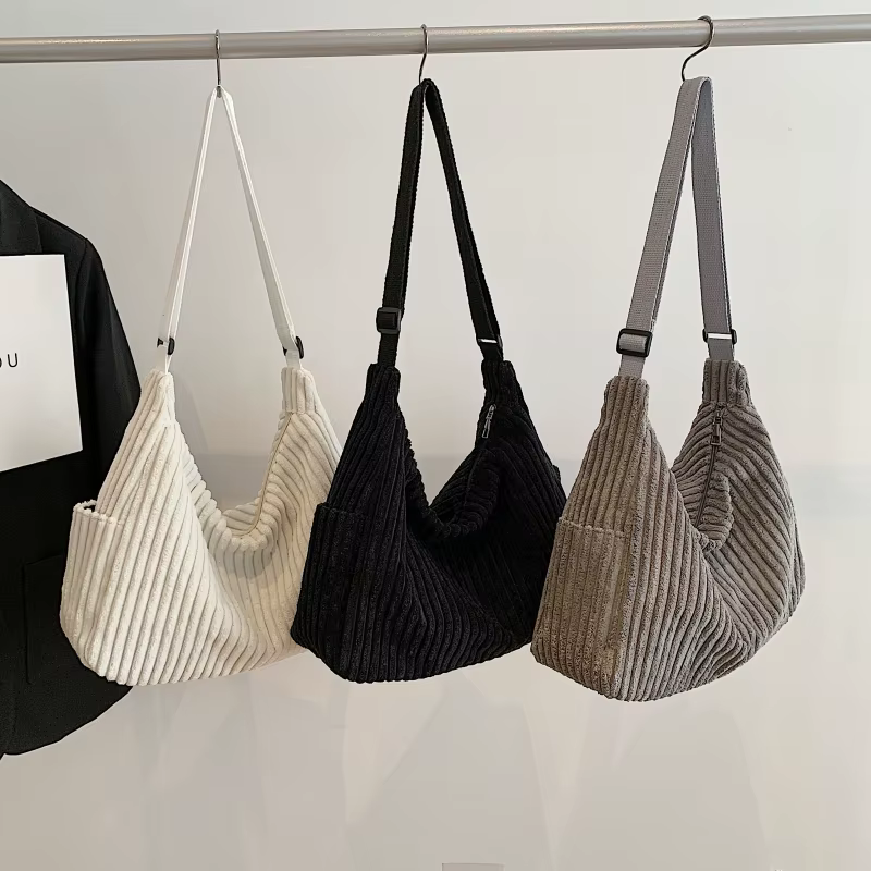 Fashion Leisure Soft Corduroy Solid Color Women's Shoulder Bag Large Capacity Zipper Female Crossbody Bag For Commute Outings