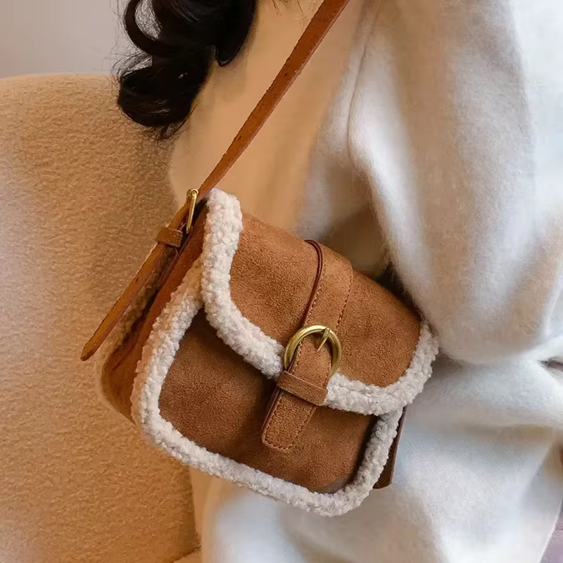 Autumn Winter Plush Bag Women's Korean Retro Small Square Handbags New Suede Lamb Wool Patchwork Shoulder Crossbody Bags