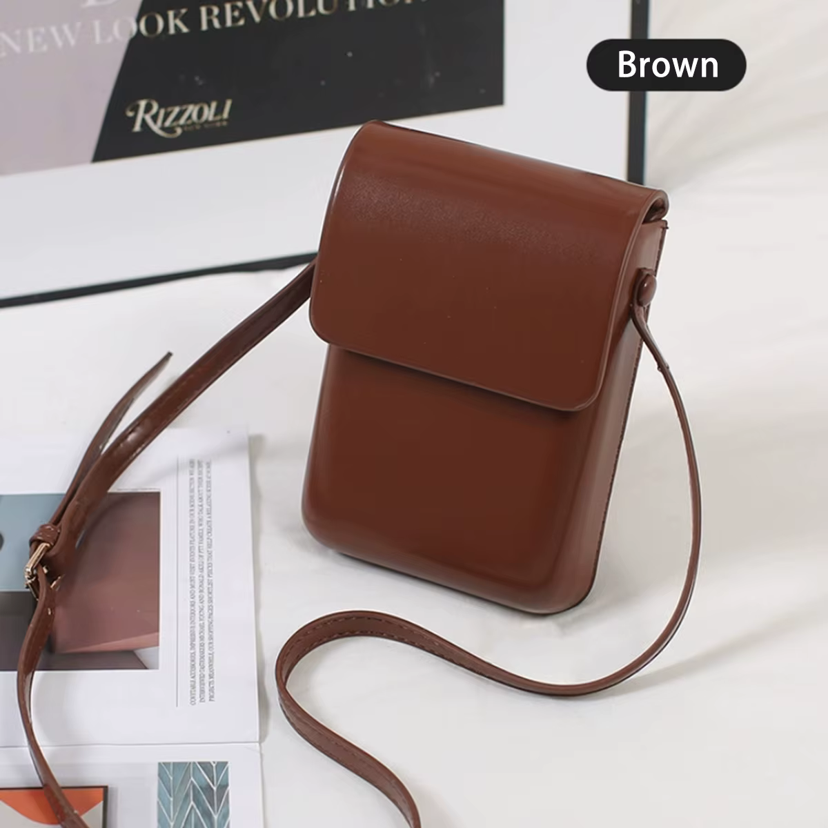 Versatile vertical Japanese and Korean simple flip phone bag, commuting PU leather crossbody bag, square single-shoulder bag